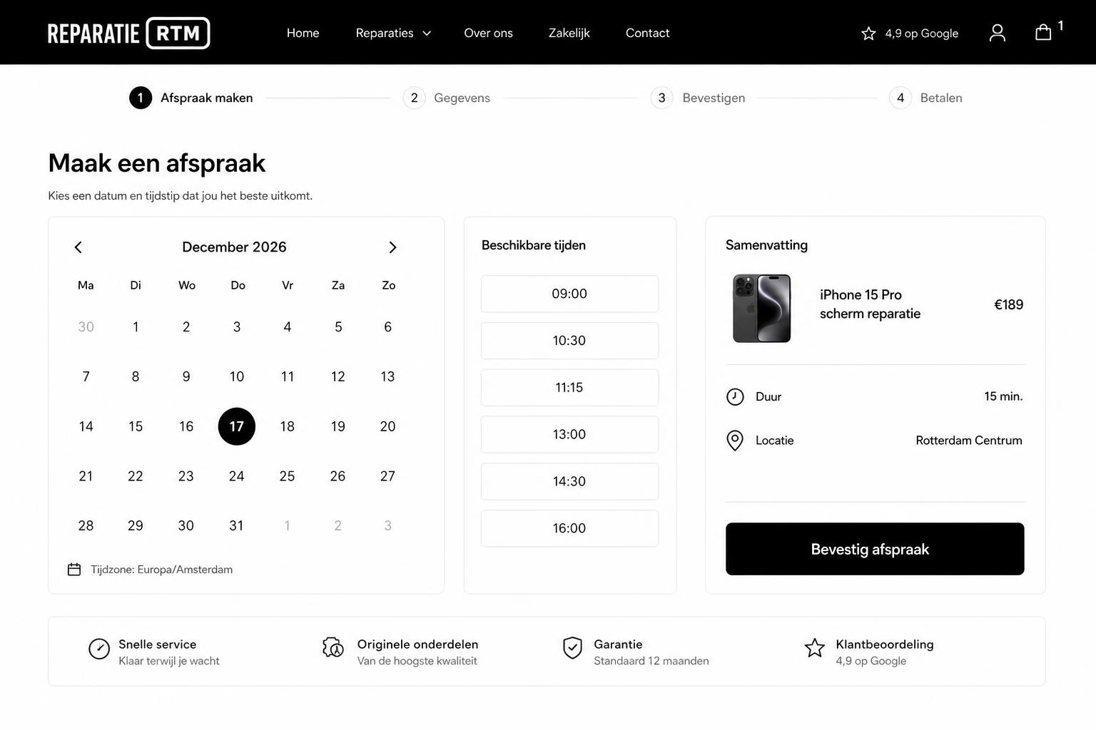 Concept boekingspagina
